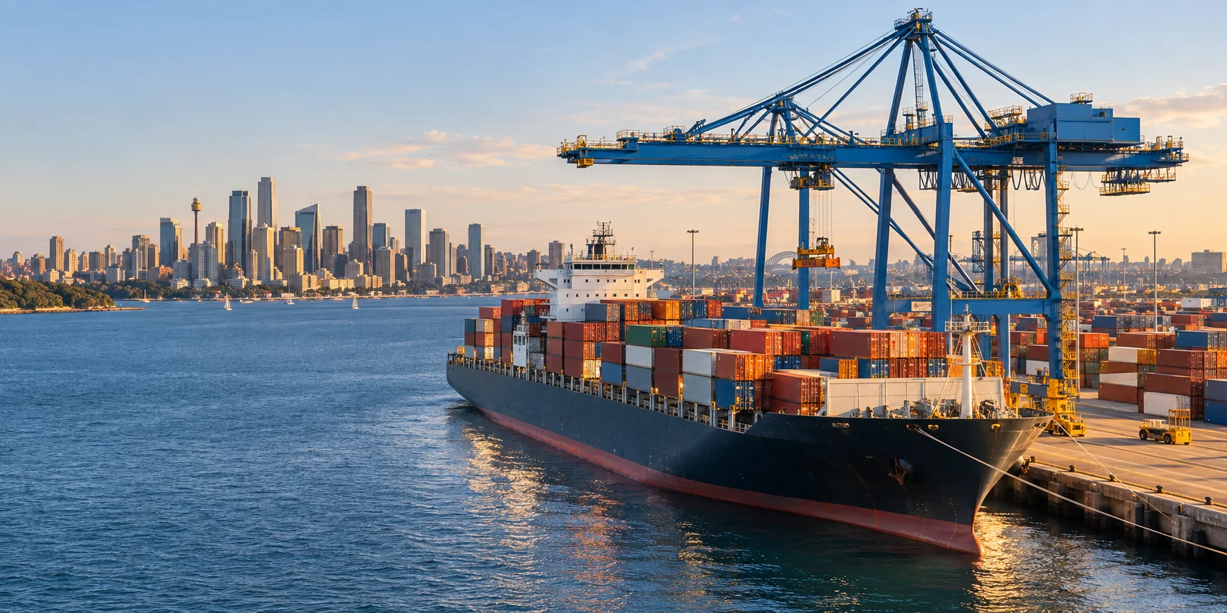 Container terminal with cranes and cargo ship